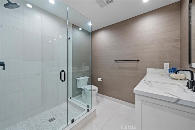 full bathroom featuring tile patterned flooring, tile walls, visible vents, and a shower stall