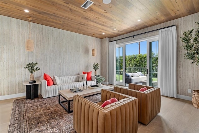 living room with visible vents, wood finished floors, recessed lighting, wooden ceiling, and baseboards