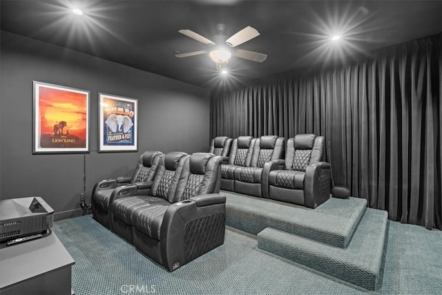 cinema with carpet flooring, recessed lighting, and a ceiling fan