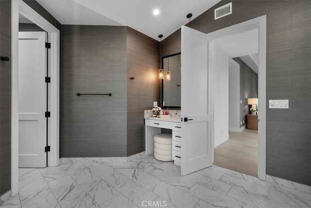 bathroom featuring recessed lighting, visible vents, marble finish floor, and vanity