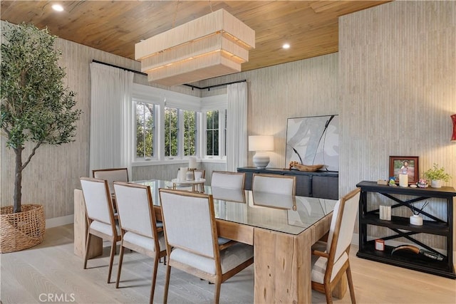 dining space featuring recessed lighting, wooden ceiling, and wood finished floors