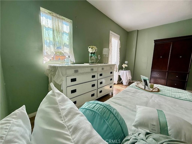 bedroom featuring multiple windows and wood finished floors