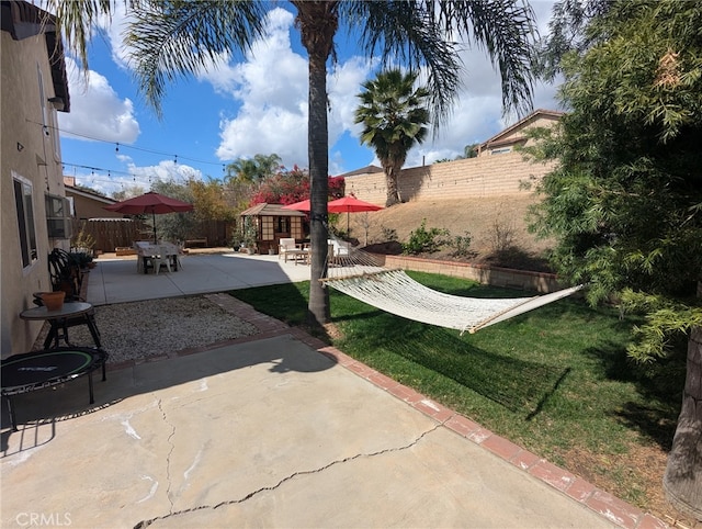 view of yard featuring a patio, a fenced backyard, and an outdoor structure