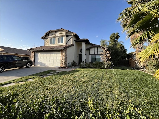 view of front facade with stucco siding, a garage, concrete driveway, and a front yard