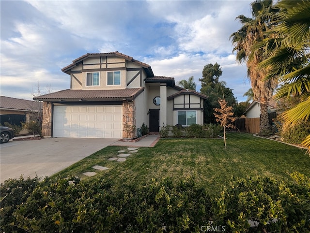 view of front of home with stucco siding, a front lawn, fence, concrete driveway, and a garage