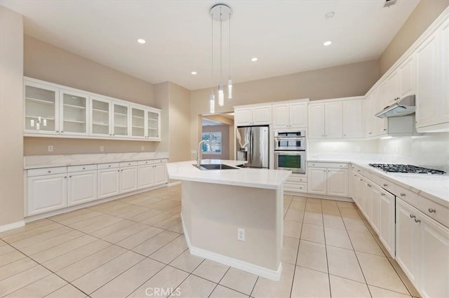 kitchen featuring glass insert cabinets, stainless steel appliances, under cabinet range hood, white cabinetry, and a sink