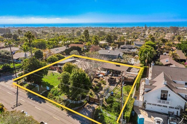 1372 Hymettus, Encinitas, CA 92024 - aerial view of residential area with property boundaries highlighted and a large body of water