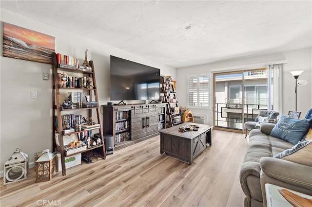 living area with a textured ceiling and light wood finished floors