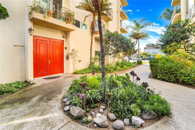 doorway to property with stucco siding