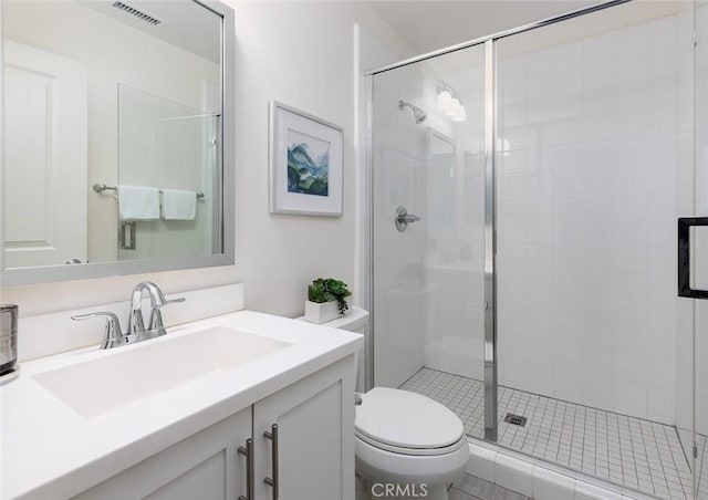 full bathroom featuring visible vents, a stall shower, toilet, and vanity