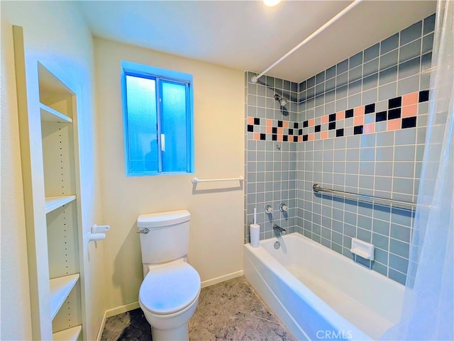 full bath with vanity, shower / bath combination with curtain, toilet, and baseboards