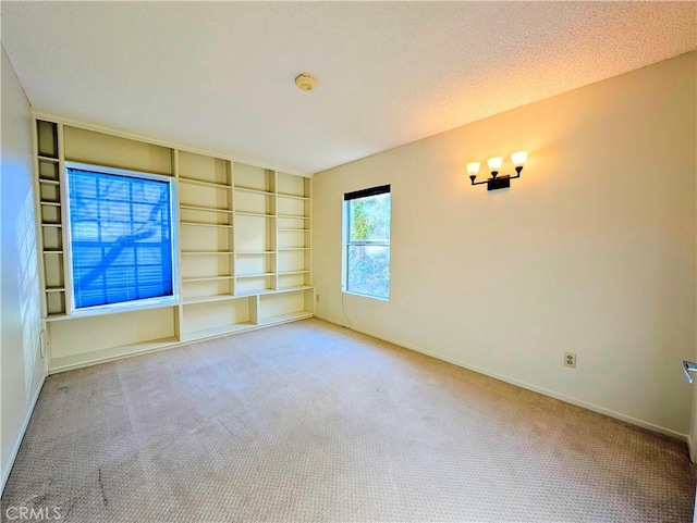 spare room featuring carpet floors, baseboards, a textured ceiling, and built in features