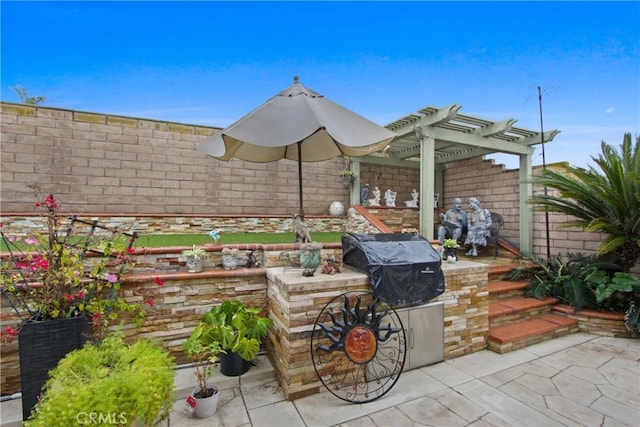 view of patio featuring area for grilling, grilling area, a fenced backyard, and a pergola