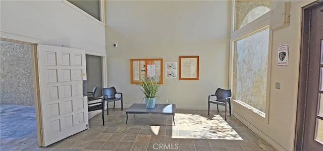 living area with a wealth of natural light, stone finish floor, and a high ceiling