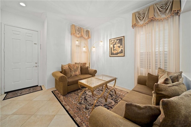 living room featuring light tile patterned floors and recessed lighting