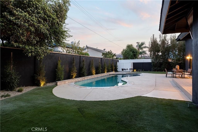 view of pool featuring a fenced backyard, a fenced in pool, a patio, and a yard