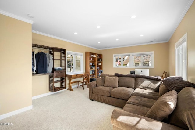 living room featuring ornamental molding, recessed lighting, carpet flooring, and baseboards