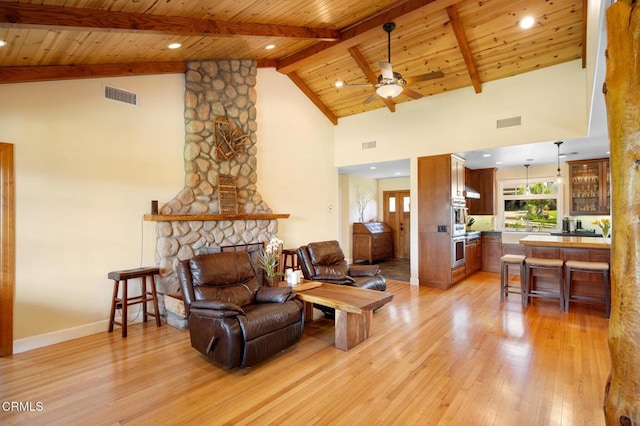 living area featuring wooden ceiling, light wood finished floors, a fireplace, and visible vents