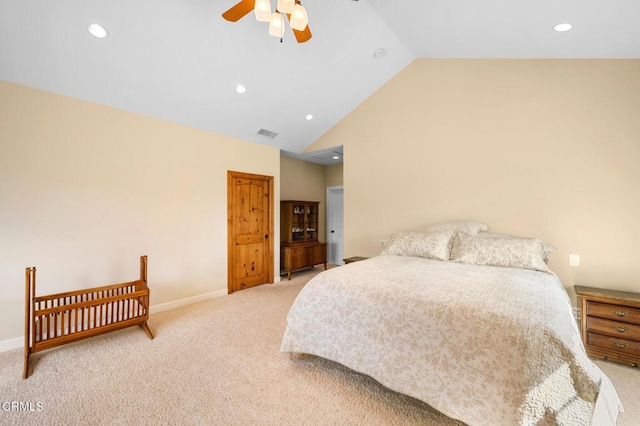 carpeted bedroom featuring recessed lighting, visible vents, ceiling fan, high vaulted ceiling, and baseboards