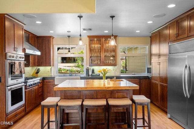 kitchen with stainless steel appliances, a sink, light wood-style floors, wall chimney exhaust hood, and an island with sink