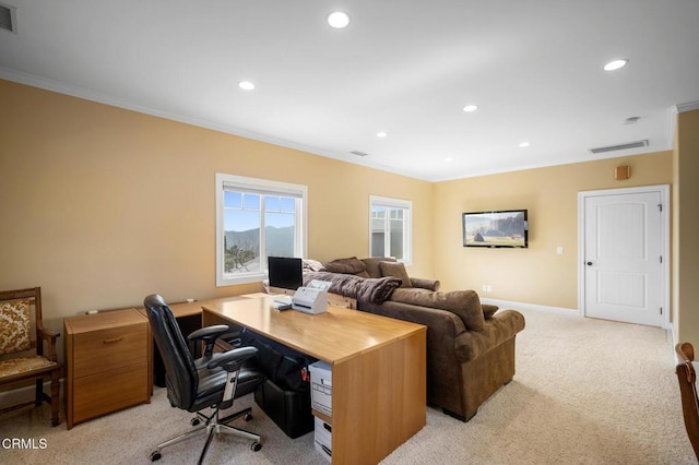 home office featuring visible vents, baseboards, light colored carpet, ornamental molding, and recessed lighting