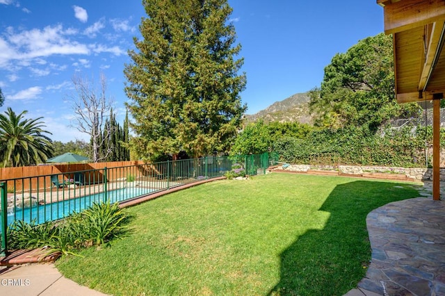 view of yard with a fenced in pool, a fenced backyard, and a mountain view