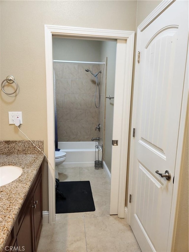 full bath with toilet, shower / bath combination with curtain, tile patterned flooring, and vanity