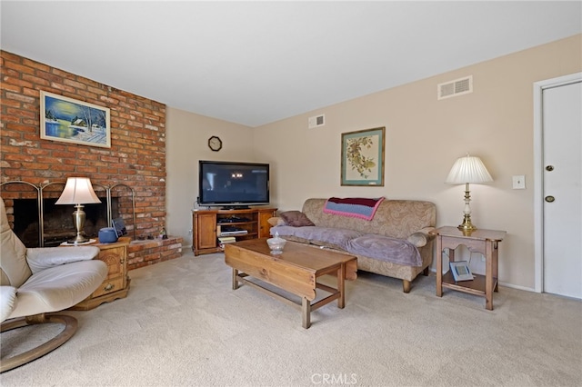 living room with a brick fireplace, visible vents, and light colored carpet