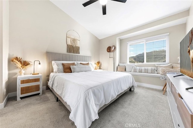 bedroom featuring lofted ceiling, carpet floors, ceiling fan, and baseboards