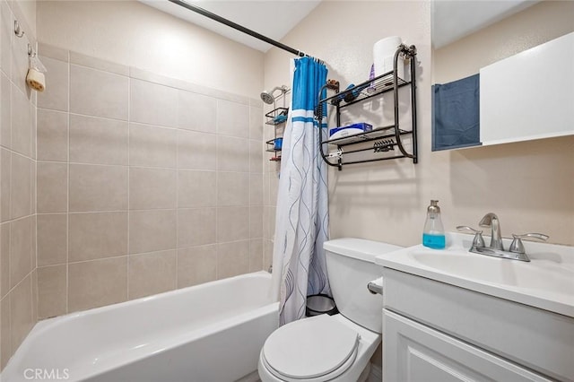 bathroom featuring shower / tub combo with curtain, vanity, and toilet