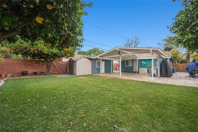 back of house featuring a storage shed, a patio area, a fenced backyard, and an outdoor structure