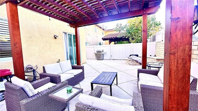 view of patio featuring area for grilling, a fenced backyard, an outdoor living space, and a pergola