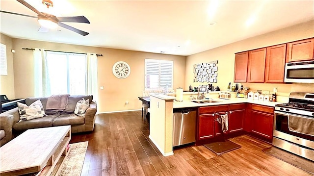 kitchen featuring a peninsula, a sink, open floor plan, appliances with stainless steel finishes, and dark wood finished floors