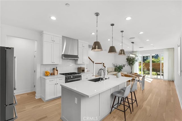 kitchen with a sink, tasteful backsplash, stainless steel appliances, light wood-style floors, and wall chimney range hood