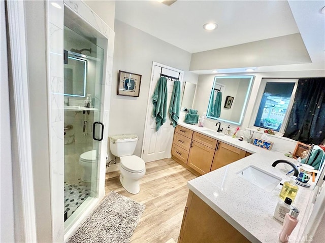 bathroom featuring double vanity, toilet, wood finished floors, a shower stall, and a sink