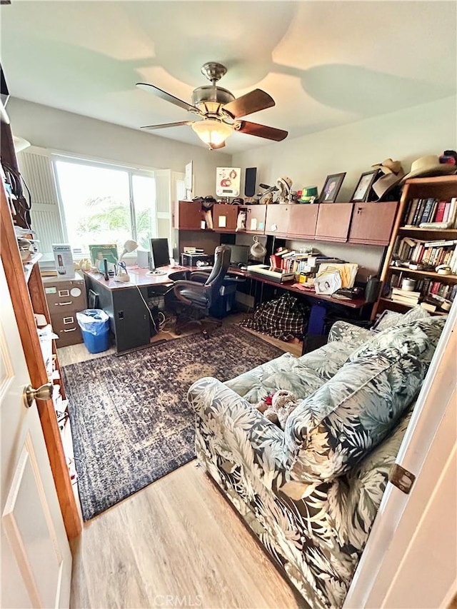 office featuring a ceiling fan and wood finished floors