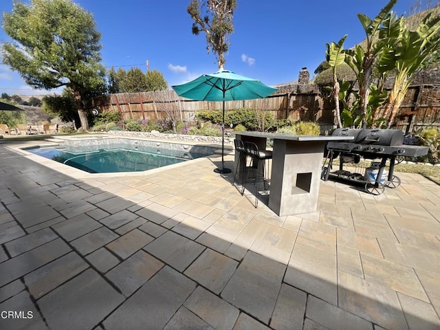 view of pool with a fenced backyard, outdoor dry bar, a fenced in pool, and a patio