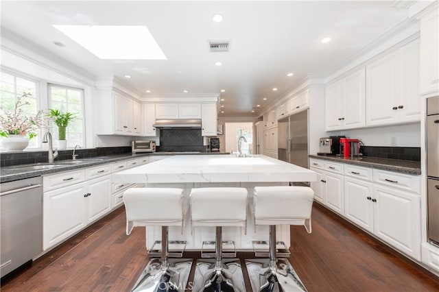 kitchen with stainless steel appliances, a skylight, a healthy amount of sunlight, and a sink