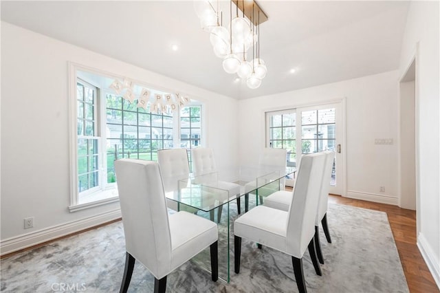 4471 Woodley Ave, Encino, CA 91436 - dining space with wood finished floors, baseboards, an inviting chandelier, lofted ceiling, and recessed lighting