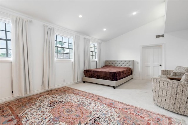 bedroom featuring carpet floors, recessed lighting, visible vents, and vaulted ceiling