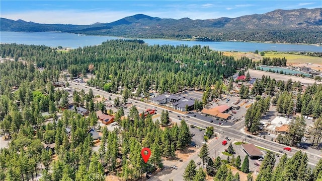 bird's eye view with a forest view and a water and mountain view