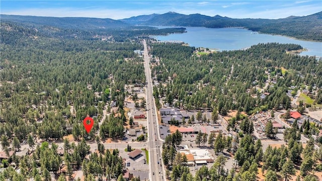 aerial view featuring a wooded view and a water and mountain view