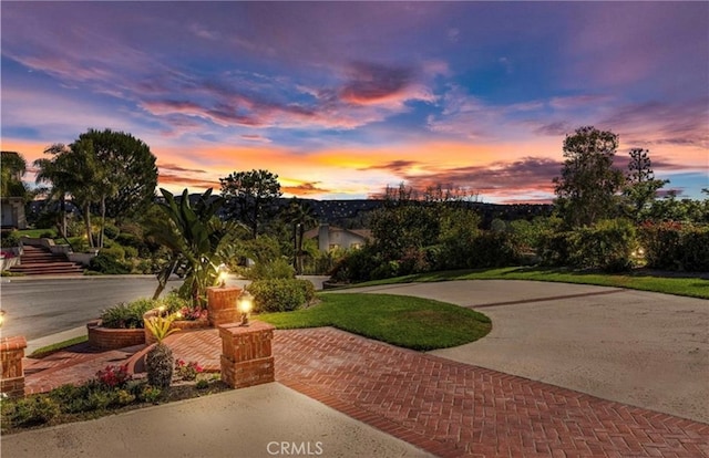 view of home's community with decorative driveway