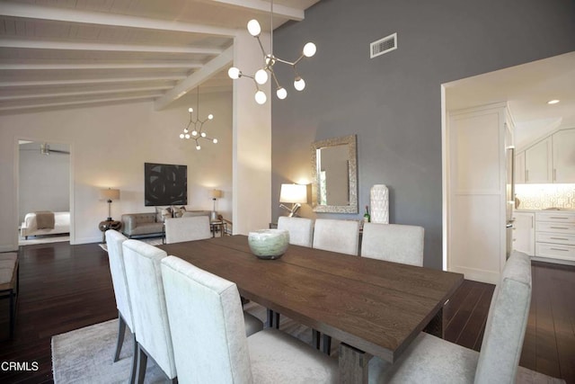 dining space featuring baseboards, visible vents, wood finished floors, a notable chandelier, and beam ceiling