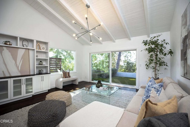 living area with a chandelier, high vaulted ceiling, beamed ceiling, and dark wood finished floors