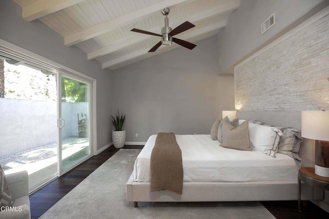 bedroom featuring baseboards, lofted ceiling with beams, ceiling fan, wood finished floors, and access to outside