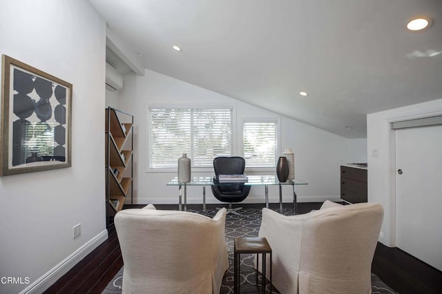 office area with a wall unit AC, lofted ceiling, recessed lighting, wood finished floors, and baseboards