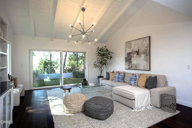 living area featuring dark wood-style floors, a notable chandelier, vaulted ceiling with beams, wooden ceiling, and baseboards