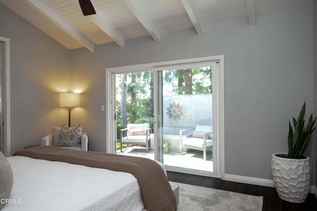 bedroom featuring access to exterior, lofted ceiling with beams, baseboards, and wood finished floors