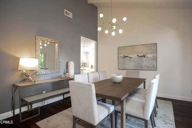 dining room with high vaulted ceiling, visible vents, baseboards, and wood finished floors